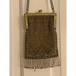 Antique 1920s French Micro Beaded Fringe Purse Bronze Silver Art Deco Kiss Lock